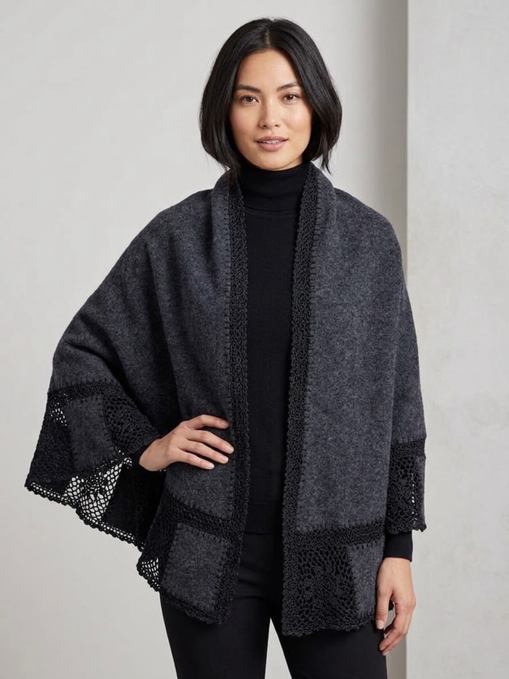 CABI Charcoal Grey Wool Open Front Wrap Capelet Shawl Lace Trim OS